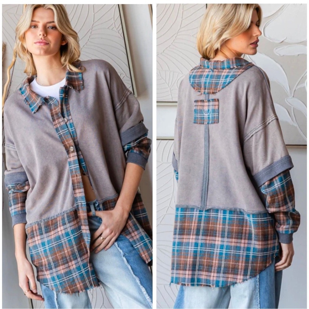 Oli & Hali Gray and Blue Plaid Button-Down Shacket
